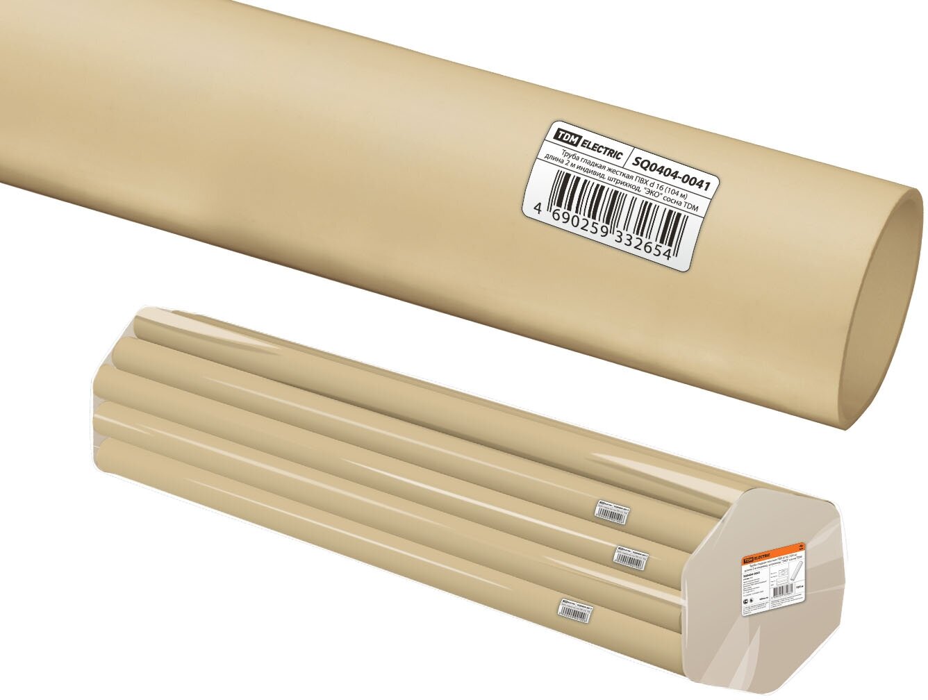 фото Труба гладкая жесткая ПВХ d 16 (104 м) длина 2 м индивид. штрихкод, "ЭКО" сосна TDM