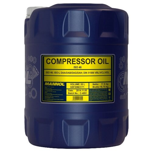 2902 mannol compressor oil iso 100 20 л масло для воздушных компрессоров Масло для компрессоров Mannol ISO 46, 20 л