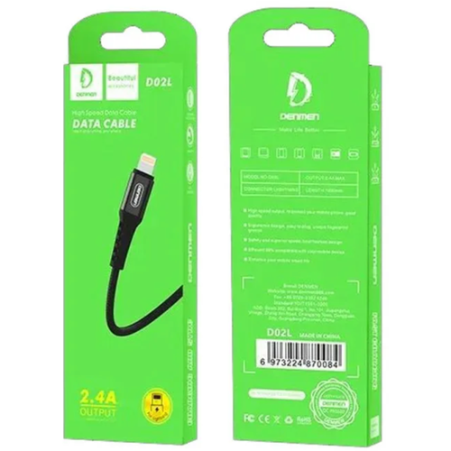 USB кабель для iPhone тканевая оплетка Denmen D02L на Lightning 2.4A 1м черный кабель usb lightning denmen d16l для apple 3 6a black