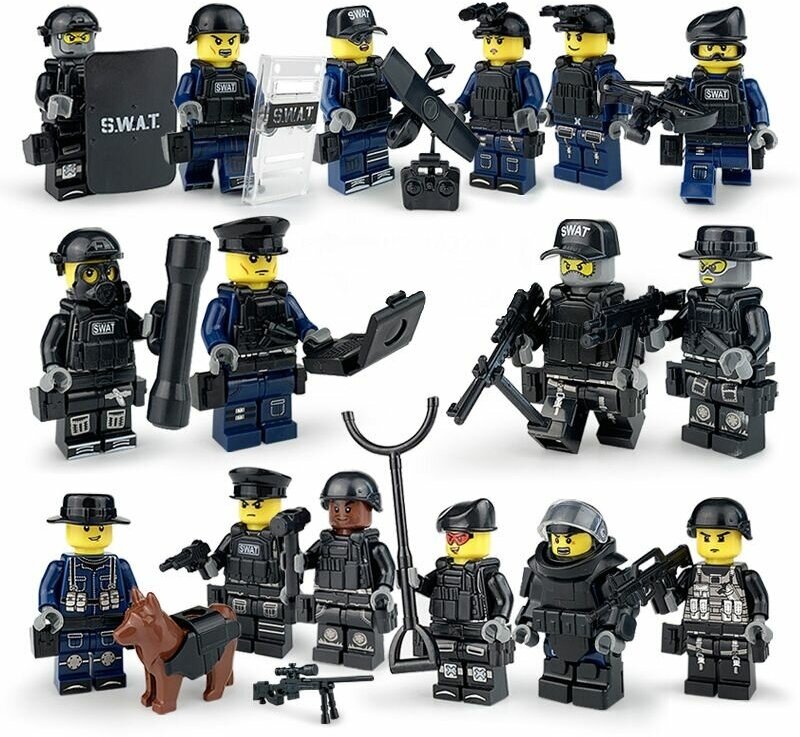 Набор солдатиков полиции 16 шт с комплектом оружия и амуниции совместимых с конструктором Лего