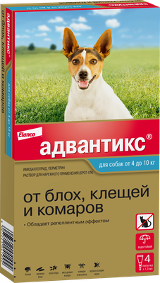 Адвантикс (Elanco)  для собак от 4 до 10 кг для защиты от блох, иксодовых клещей и летающих насекомых и переносимых ими заболеваний. 4 пипетки в упаковке.
