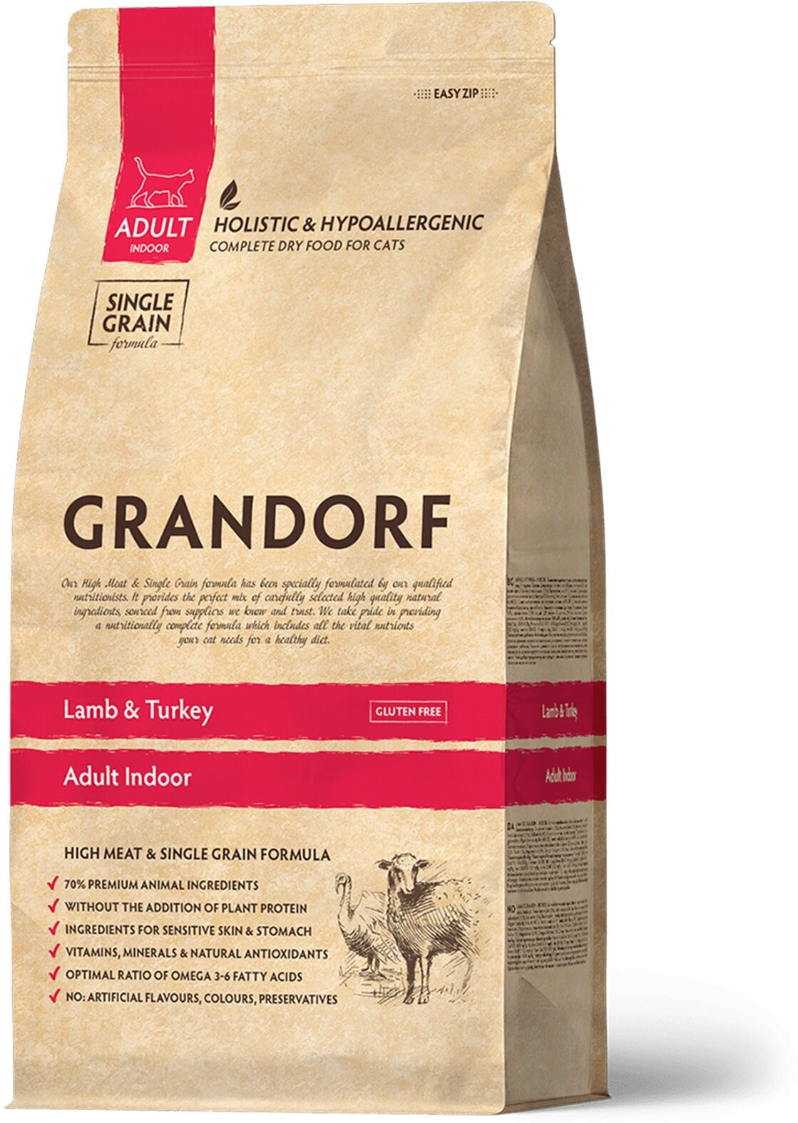 Сухой корм для домашних кошек GRANDORF Adult Indoor Lamb & Turkey, ягнёнок с индейкой, 2кг