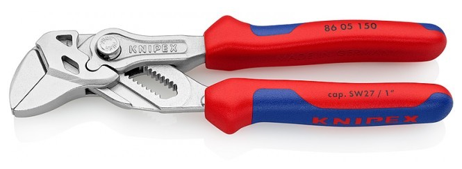 Клещи переставные - гаечный ключ KNIPEX KN-8605150, 27 мм (1"), L-150 мм, Cr-V, хромированные, 2-компонентные рукоятки