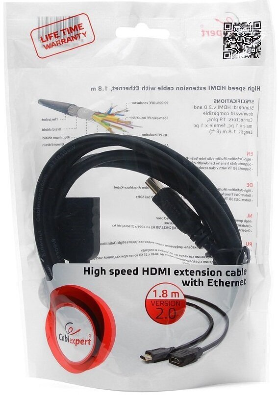 Удлинитель кабеля HDMI Cablexpert CC-HDMI4X-6, 1,8 м, v2.0, 19M/19F, позолоченные разъемы, экран, черный