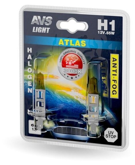 Лампа галогенная H7 12V 55W "AVS" Atlas (ANTI-FOG/желтый) (2 шт.)