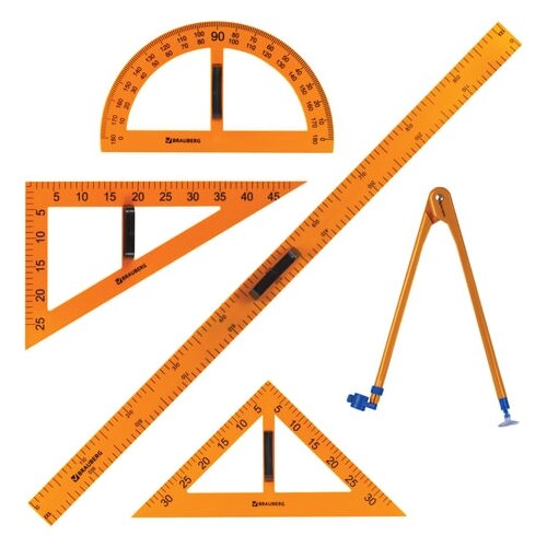 фото Набор чертежный для классной доски brauberg : 2 треугольника, транспортир, циркуль, линейка 100 см