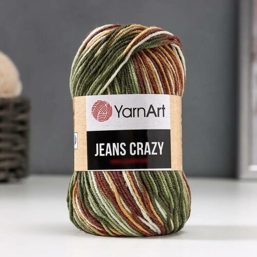 Пряжа YarnArt Jeans CRAZY белый-зеленый-бежевый-коричневый меланж (7203), 55%хлопок/45%акрил, 160м, 50г, 1шт