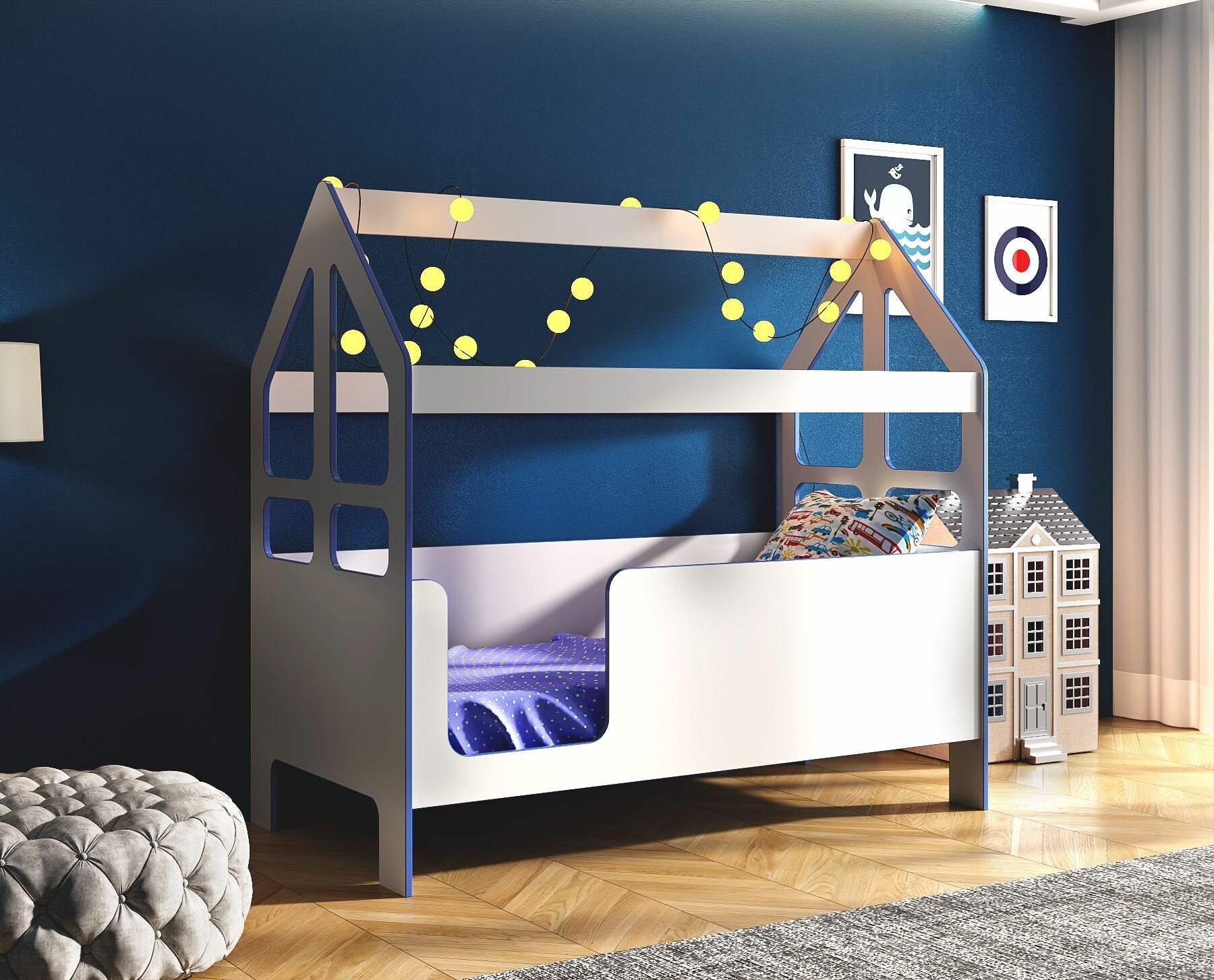 Кровать-домик детская "Сладкий сон" с бортиком под матрас 160х80, БазисВуд, вход слева, цвет синий