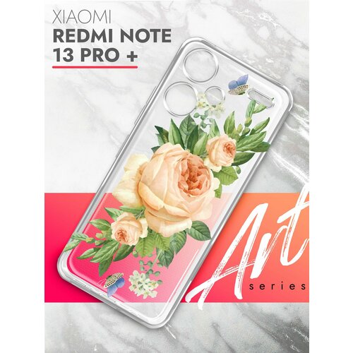 Чехол на Xiaomi Redmi Note 13 Pro+ (Ксиоми Редми Ноте 13 Про+), прозрачный силиконовый с защитой (бортиком) вокруг камер, Brozo (принт) Бежевые Розы