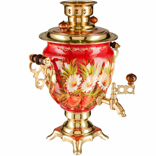 Самовар электрический 3 литра с худ росписью Ромашки с клубникой в золоте формы Жёлудь 17590₽