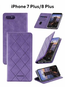 Чехол на iPhone 7 Plus / Айфон 7 Плюс/8 Плюс Kruche Rhombus фиолетовый, книжка с карманом для карт, противоударный кейс с магнитом, с защитой камеры, с подставкой
