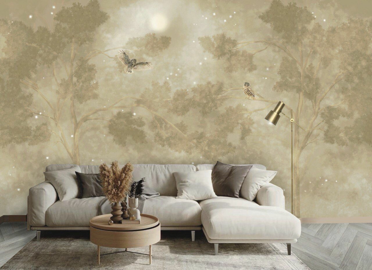 Фреска бесшовная Таинственный лес золотисто-бежевый (ширина 2750мм х длина 2000мм)
