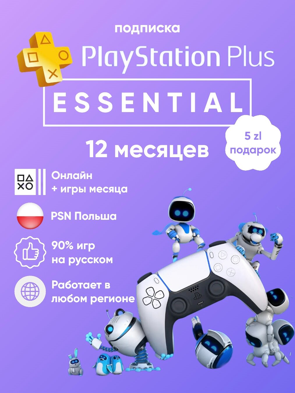 Подписка PlayStation Plus Essential на 12 месяцев Польша для PS4&5
