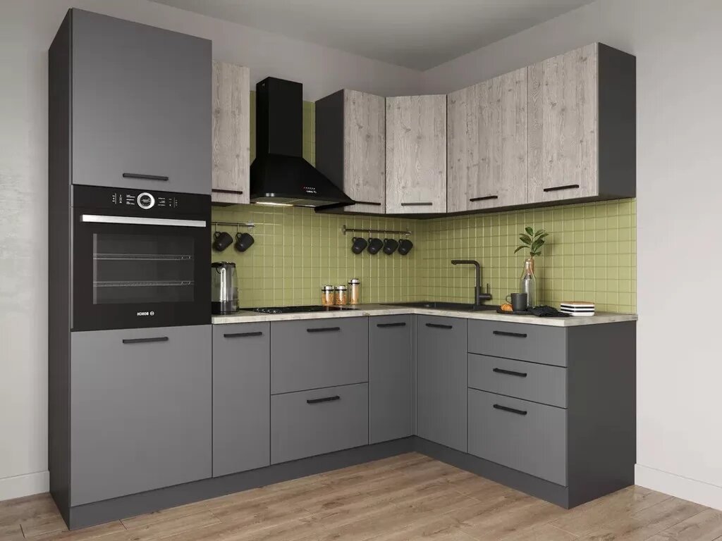 Кухонный гарнитур Sanvut угловой Антик-2400х1600 столешница 38 мм, каркас ЛДСП, фасад МДФ, Антрацит/Ель Антик/Берлин