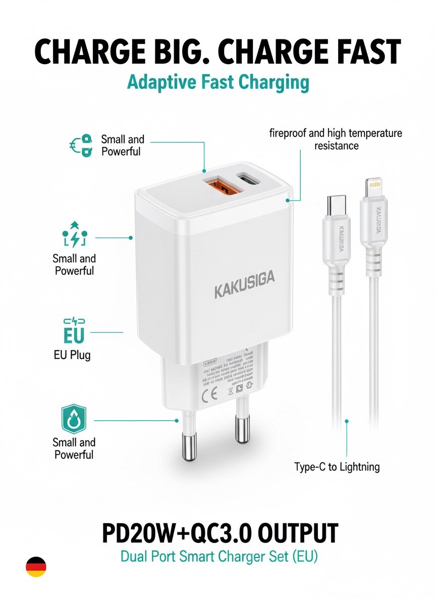 Адаптер быстрой зарядки KAKUSIGA с кабелем Lightning Type-C, белый