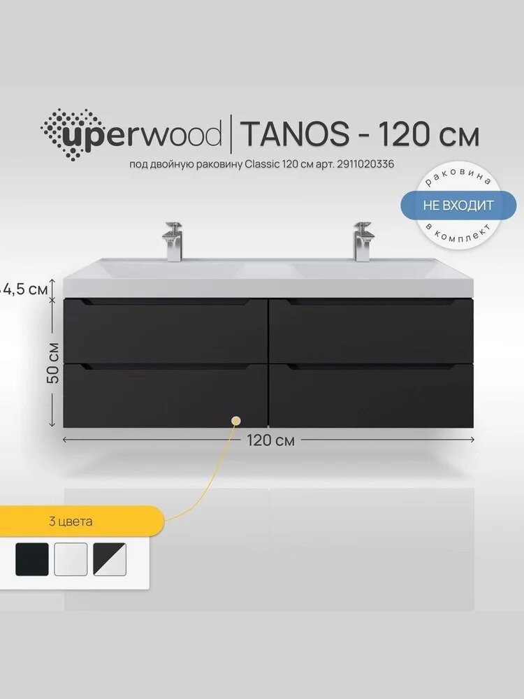 Тумба под раковину без столешницы Uperwood Tanos 120 подвесная, черная, матовая, из МДФ, тумба для ванной, с ящиками, с доводчиками