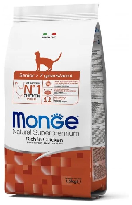 Сухой корм для пожилых кошек Monge Superpremium Cat, для здоровья кожи и блеска шерсти, профилактика зубного камня, с курицей 3 шт. х 1.5 кг