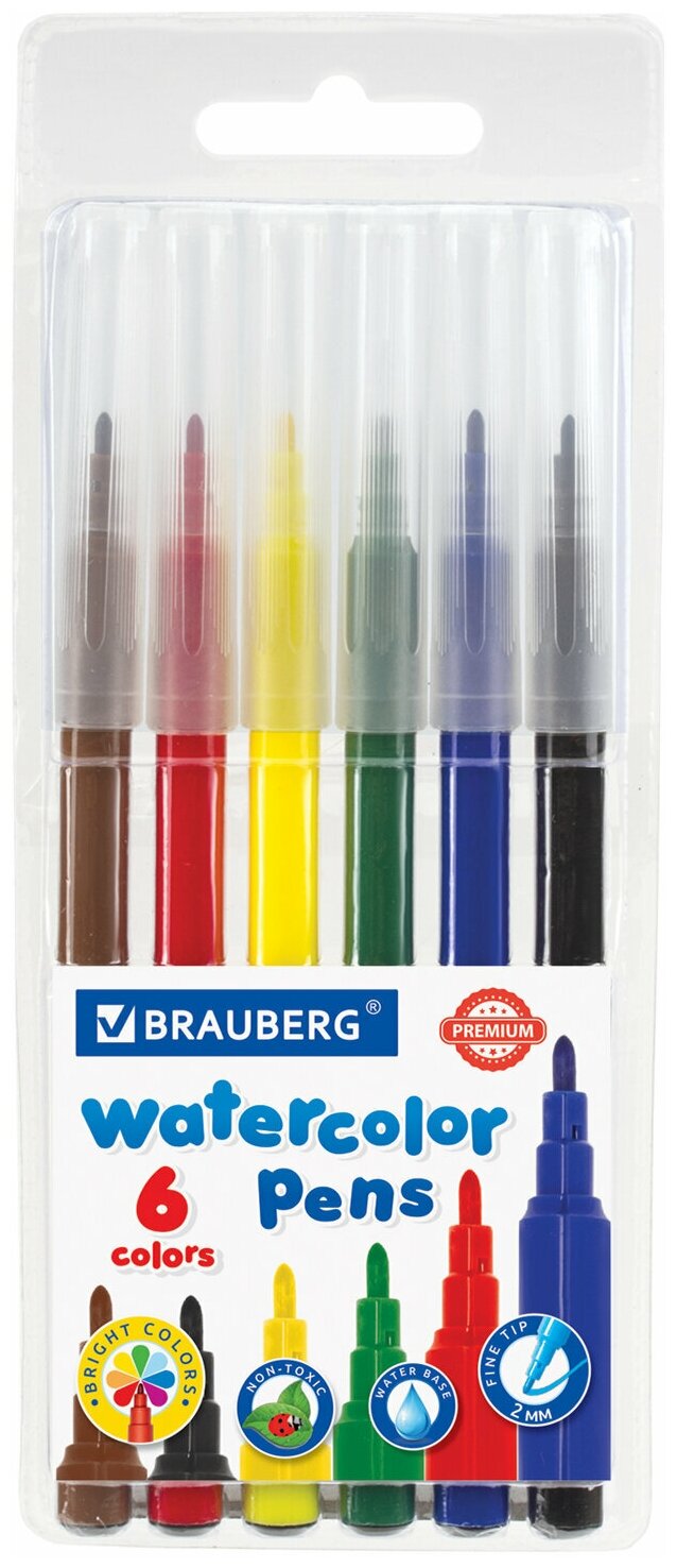 Фломастеры BRAUBERG "PREMIUM", 6 цветов, классические, вентилируемый колпачок, ПВХ-упаковка с европодвесом, 151933