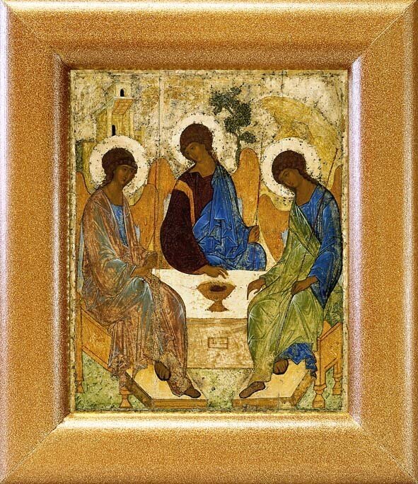 Святая Троица, Андрей Рублев, XV в, икона в широкой рамке 14,5*16,5 см