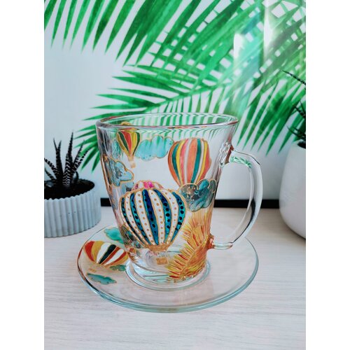 Кружка авторская, чашка с блюдцем с витражной росписью 