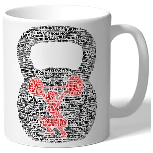 фото Кружка белая в подарок спортсмену - рисонок из мелких слов: гиря, штангистка drabs