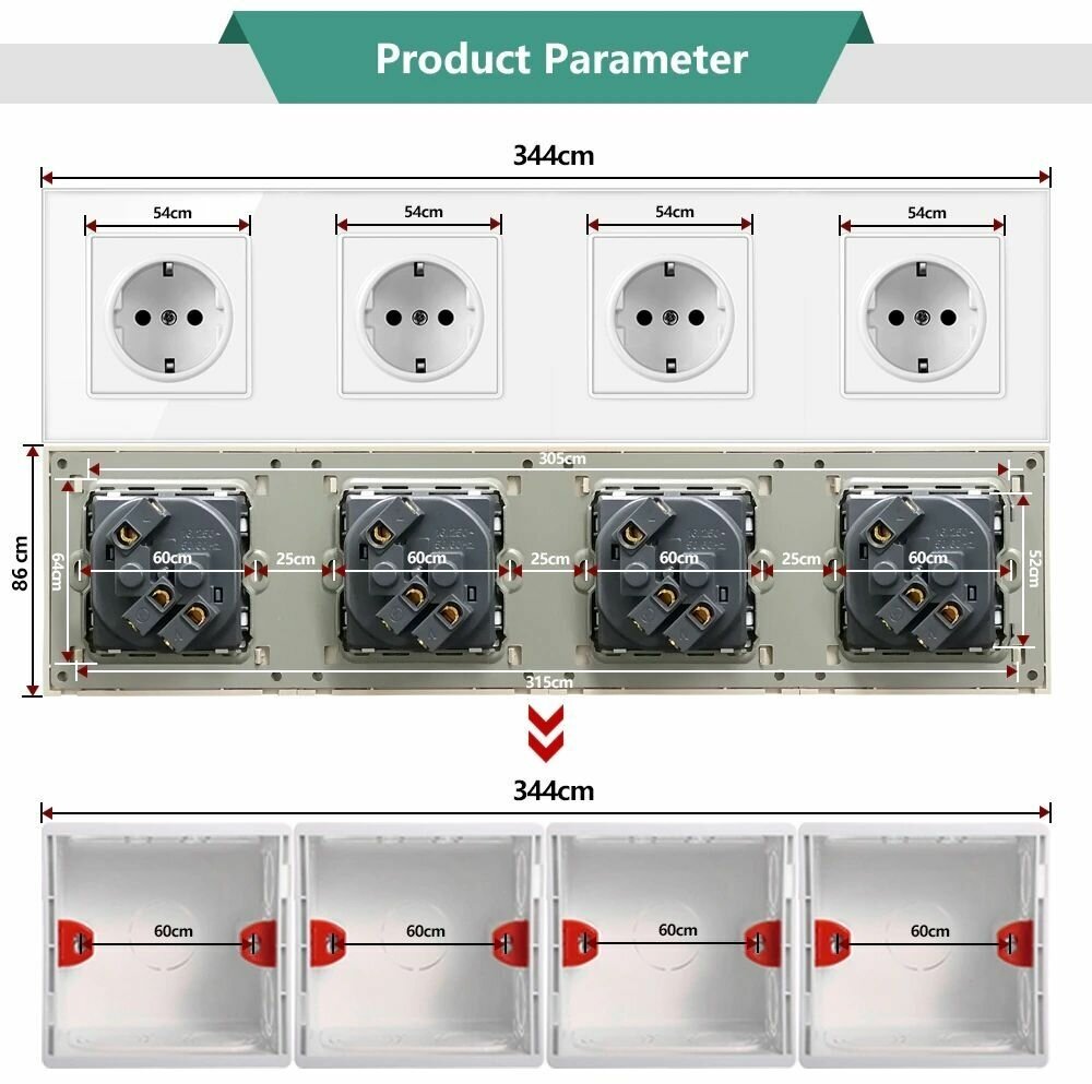 Розетка электрическая четверная DiXiS 4 Gang Socket EU со стеклянной лицевой панелью (86x344) (TKE-4), белый — фото 1
