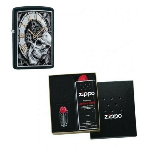 Зажигалка ZIPPO Skull Clock Black Matte в подарочной упаковке + топливо и кремни