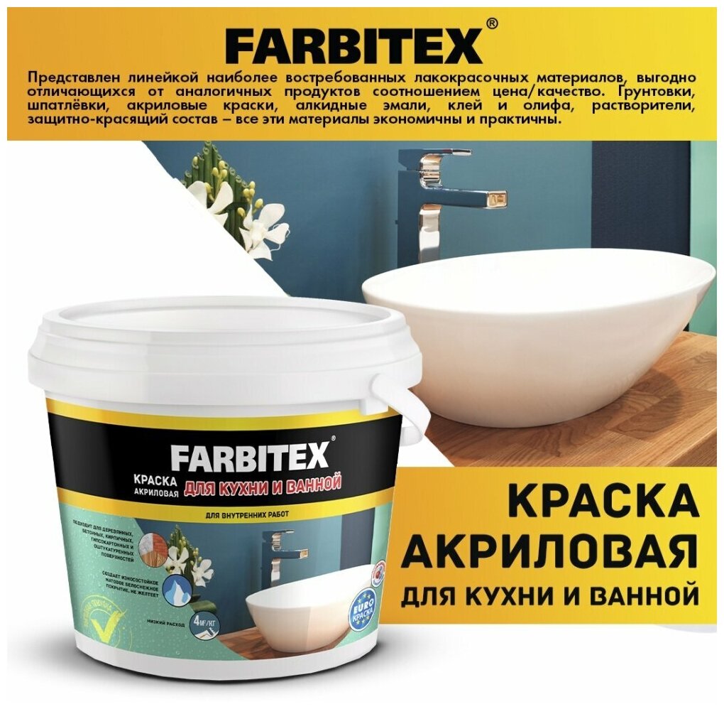 Краска акриловая Farbitex для кухни и ванной матовая белый 1.1 кг