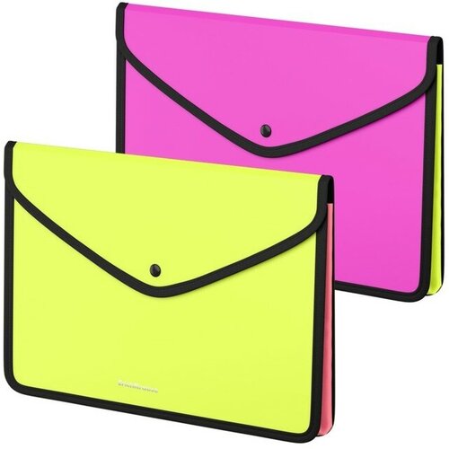 Папка-конверт на кнопке А4, 600 мкм, ErichKrause Matt Neon, обшитая, с текстильной вставкой, непрозрачный, с расширением, микс папка конверт на кнопке а4 160 мкм erichkrause matt vivid матовая фиолетовая