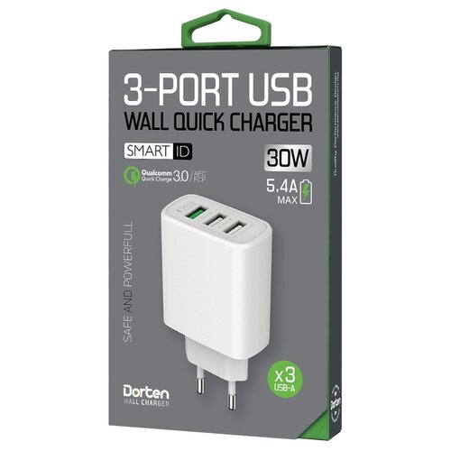 фото Сетевое зарядное устройство dorten 3-port usb smart id 30w wall quick charger: qc3.0+2.4a иafc (samsung), fcp (huawei)