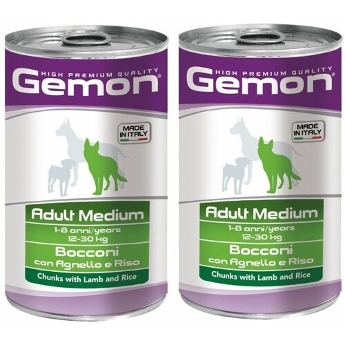 Gemon Dog Medium консервы для собак средних пород кусочки ягненка с рисом 1250г, 2 штуки gemon dog полнорационный влажный корм для собак паштет с говяжим рубцом в консервах 400 г