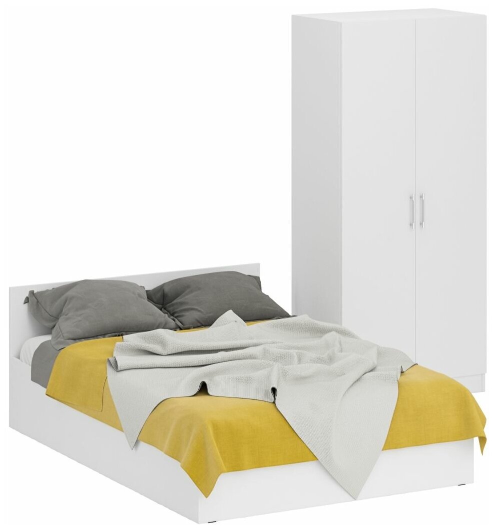 Кровать белая двуспальная 1400 со шкафом для одежды 2-х створчатым Стандарт, цвет белый, спальное место 1400х2000 мм, без матраса, основание есть