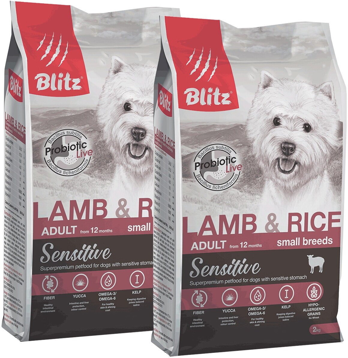 Сухой корм BLITZ SENSITIVE ADULT SMALL BREEDS LAMB & RICE для взрослых собак маленьких пород с ягненком и рисом (2 +2 кг)