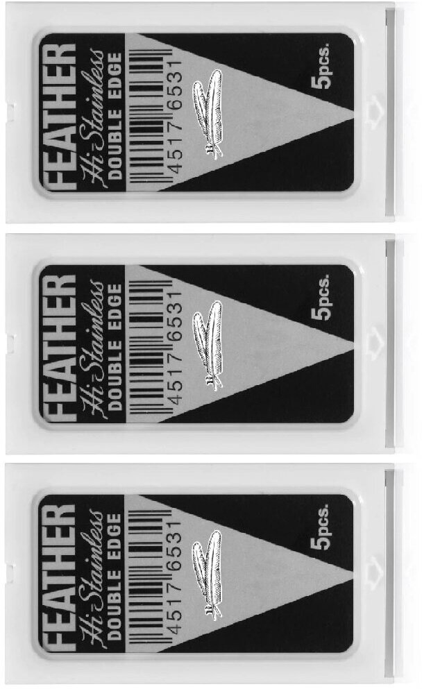 Двусторонние японские лезвия FEATHER чёрная упаковка "Hi-Stainless" для T-образных бритв и шаветок, 15 шт