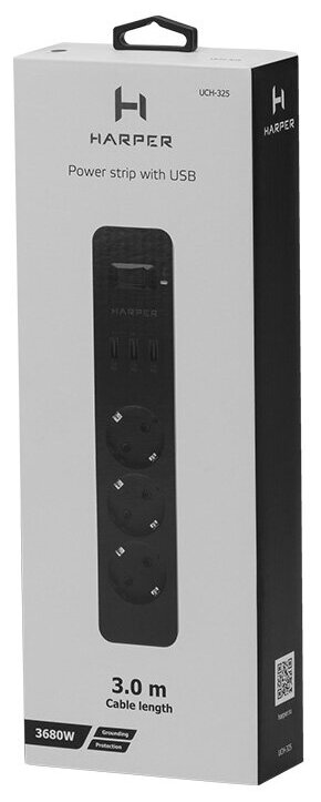Сетевой фильтр (удлинитель) с USB зарядкой HARPER UCH-325, черный - фотография № 7
