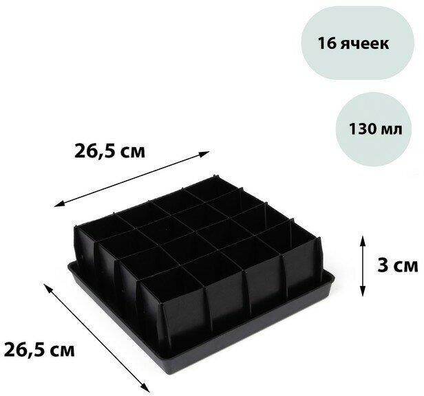 Кассета для рассады, 16 ячеек по 130 мл, с поддоном, чёрная - фотография № 1