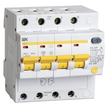 Дифференциальный автоматический выключатель АД14 4 полюса, 32А, Тип AC, х-ка C, 30мА | код. MAD10-4-032-C-030 | IEK ( 1шт. )