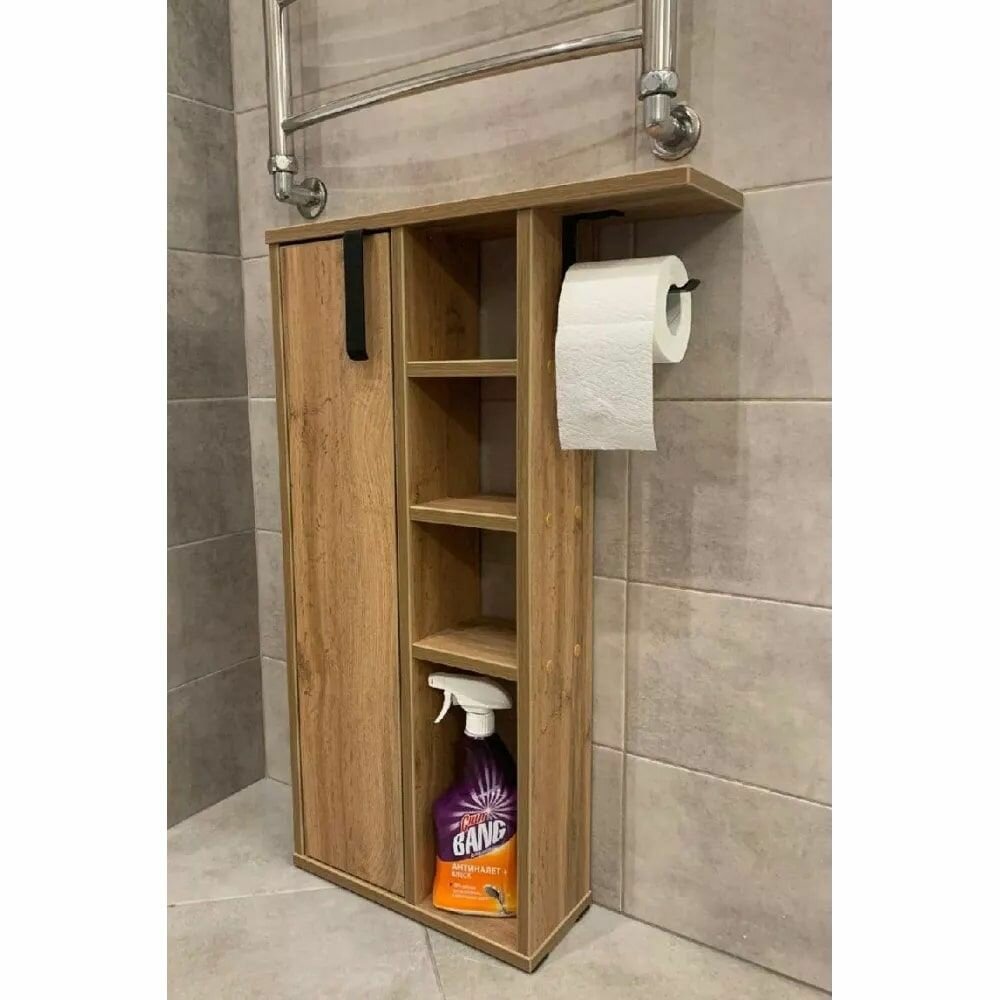 фото Тумба Фиджи, Дуб Вотан, ЛДСП, с держателем для туалетной бумаги, открытыми и закрытыми полками, для ванной, для туалета, 500х803х156, игни