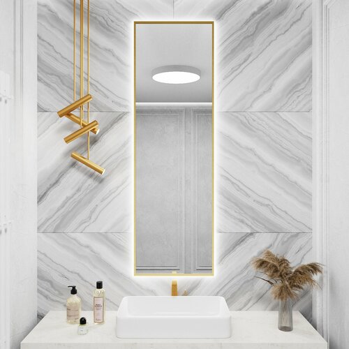 Зеркало с подсветкой в алюминиевой раме настенное ALUMIRROR 150х50 см. Свет: Нейтральный белый 6000К. Золото