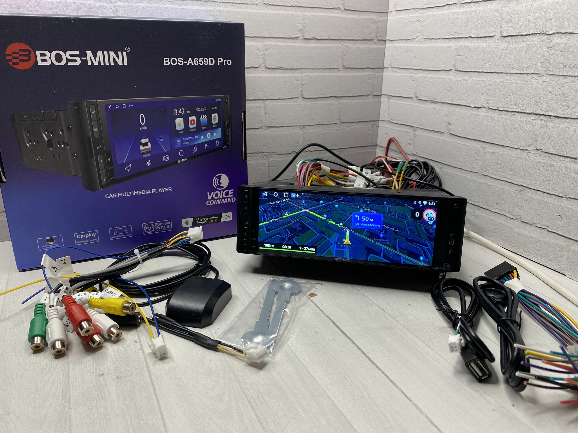 Автомагнитола 1din Bos-Mini BOS-А659D PRO 4+64G c навигатором и блютус (CarPlay, GPS, Wi-Fi, Bluetooth) — фото 1