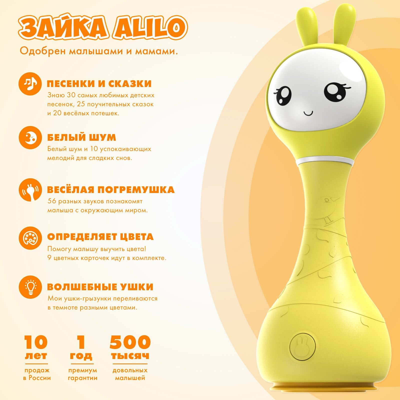 Интерактивная обучающая музыкальная игрушка ALILO R1 Умный зайка c распознаванием цветов, жёлтый