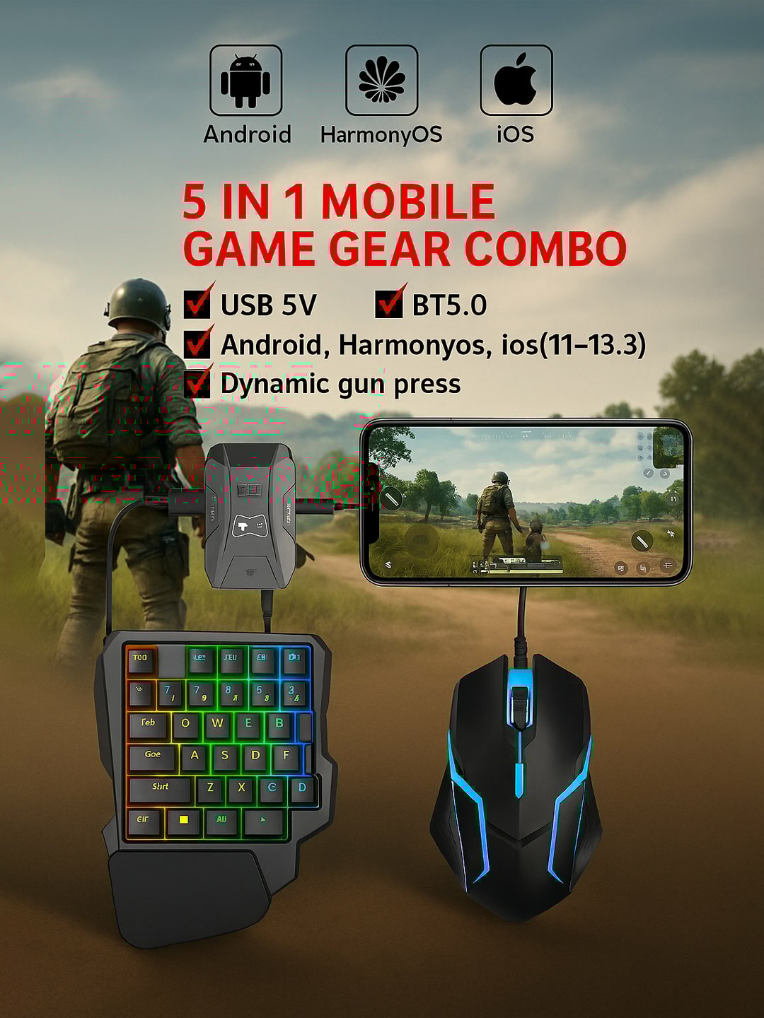 PUBG мобильный Bluetooth-контроллер , конвертер игровой клавиатуры и мыши для Android, IOS, черный