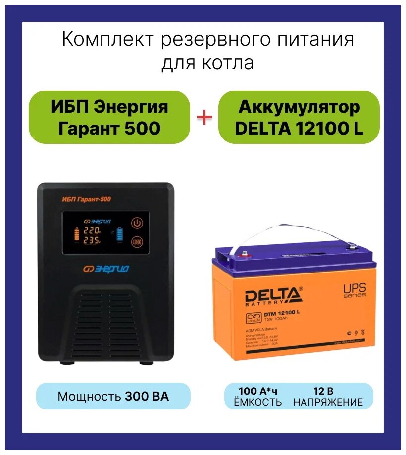 Источник бесперебойного питания Энергия Гарант 500 в комплекте с аккумулятором DELTA Battery DTM 12100 L