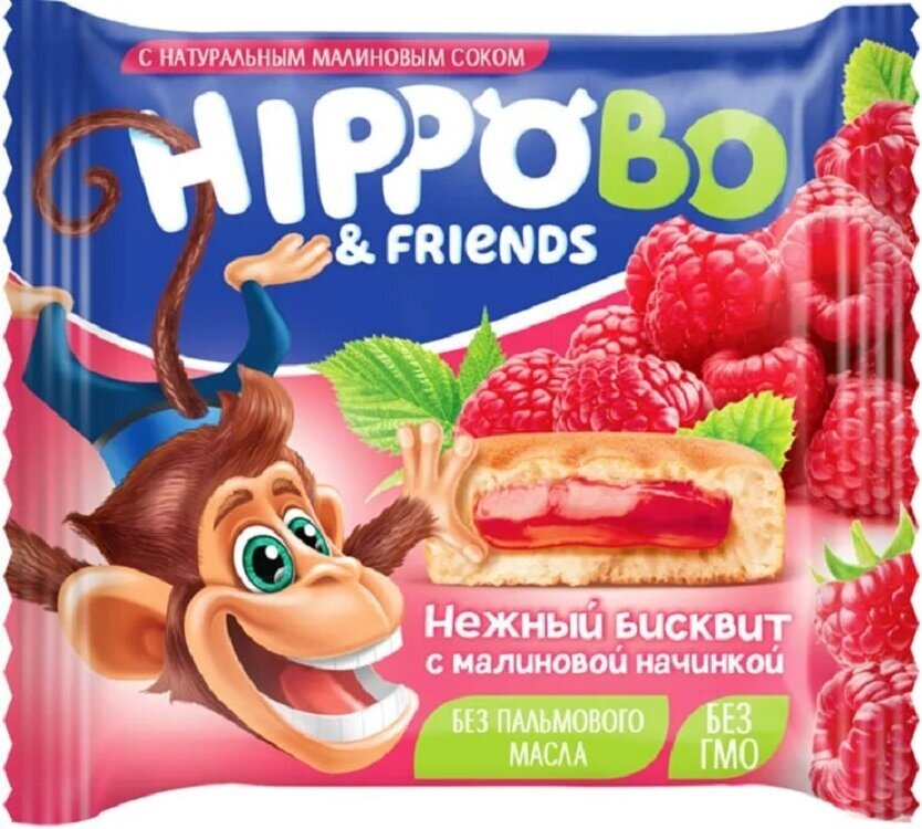 Бисквитное пирожное HIPPO BO & friends с малиновой начинкой, 12шт по 32 г