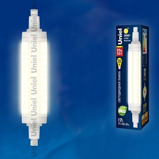 Светодиодная лампа Uniel LED-J118-12W/WW/R7s/CL PLZ06WH Прозрачная. Теплый белый свет. Картон. ТМ .