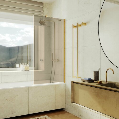 Стеклянная шторка на ванну 1400Х900, широкий профиль золото матовое, стекло бронза