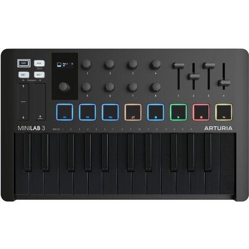ARTURIA MiniLAB 3, Deep Black MIDI-контроллер, клавиатура 25 клавиш, 8 пэдов, 8 энкодеров, 4 слайдера, черный