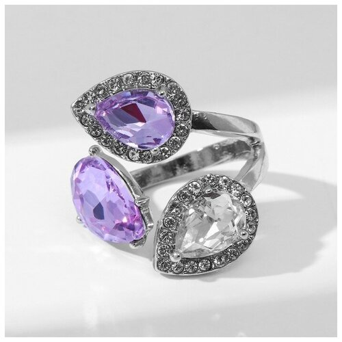 фото Кольцо queen fair, нержавеющая сталь, серебрение, стекло, безразмерное, фиолетовый