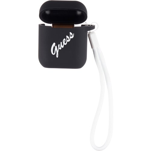 Чехол со шнурком CG Mobile Guess Silicone case Script logo with cord для AirPods 1&2, цвет Черный/Белый (GUACA2LSVSBW) silicone earphone cases for airpods 1 2 wireless earphone cover protective case for apple airpods 1 2 case air pods 1 2 cover