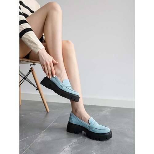 фото Лоферы женские натуральная кожа туфли кожаные, reversal , 1517r_голубой-велюр-(черный)-41